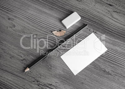 Business card, pencil, eraser