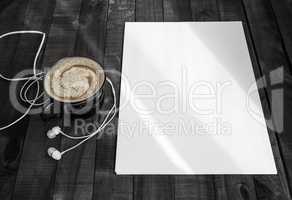 Letterhead, coffee cup, headphones