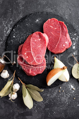 Raw meat, beef steaks