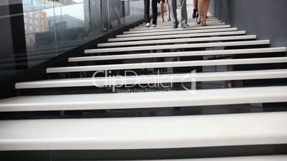 Business people walking and taking at stairs