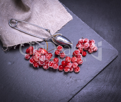 ripe red berries of the viburnum is sprinkled with sugar