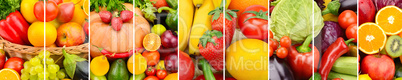 Panoramic collection fresh fruits and vegetables background. Wid