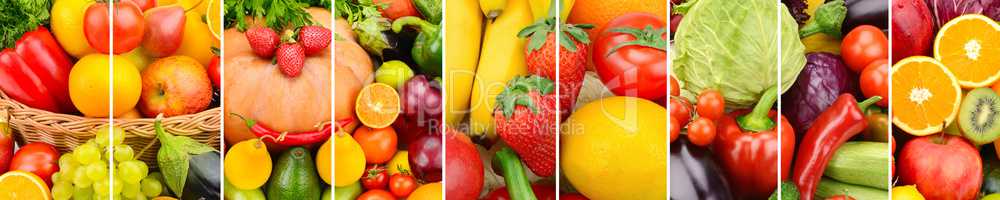 Panoramic collection fresh fruits and vegetables background. Wid