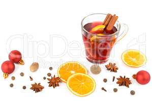 Hot red mulled wine isolated on white background with christmas