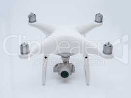 Drone, white studio background shooting, quadrocopter fpv fly camera rc controller