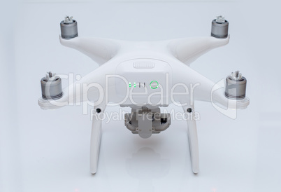 Drone, white studio background shooting, quadrocopter fpv fly camera rc controller