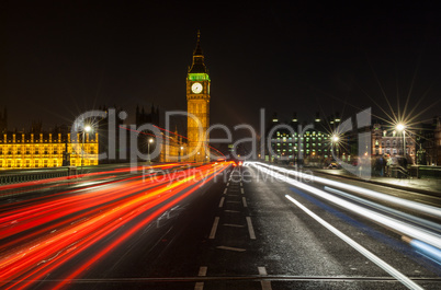 Night Traffic on Westminster Bridge By Big Ben, London, England