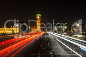 Night Traffic on Westminster Bridge By Big Ben, London, England