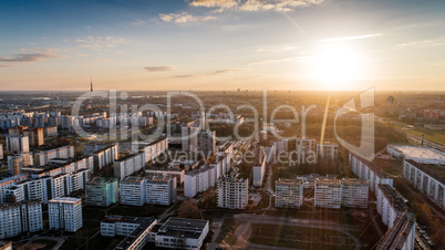 Riga city Autumn sunrise buildings living houses Drone