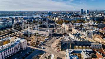 Riga city Autumn sunrise buildings living houses Drone
