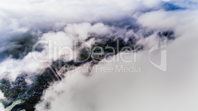 Riga city Autumn Drone flight above and clouds monument