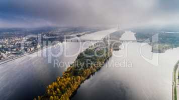 Riga city Autumn sunrise buildings Drone near Daugava river