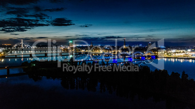 Riga city Night time bridge Autumn Drone flight