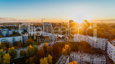 Riga city Autumn sunrise buildings living houses Drone