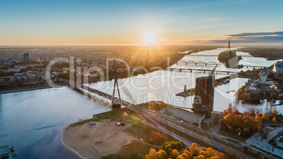 Riga city Autumn sunrise buildings living houses Drone