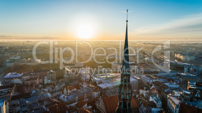 Riga city Autumn sunrise buildings Old Down Town Drone