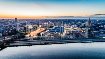 Riga city Autumn sunrise buildings Old Down Town Drone