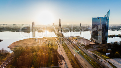 Riga city Autumn sunrise buildings living houses Drone