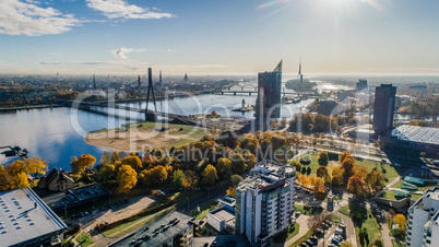 Riga city bridge Autumn Drone flight trafics ans cars above