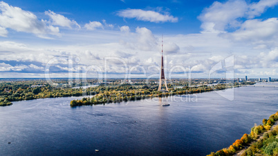 Riga city TV Tower Autumn Drone flight above and sunrise