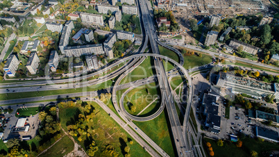 Riga city bridge Autumn Drone flight trafics ans cars above