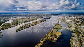 Riga city bridge Autumn Drone flight trafics ans cars above Daugava river
