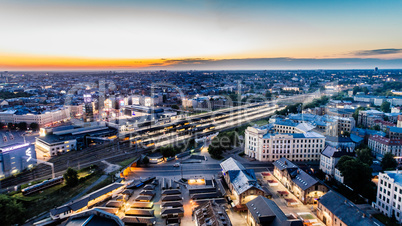 Riga city Night time bridge Autumn Drone flight