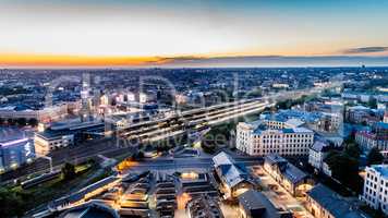 Riga city Night time bridge Autumn Drone flight