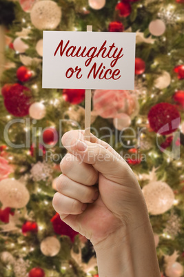 Hand Holding Naughty of Nice Card In Front of Decorated Christma
