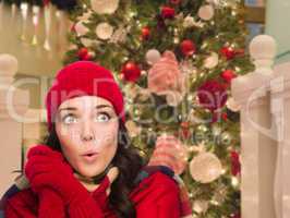 Warmly Dressed Female In Front of Decorated Christmas Tree.