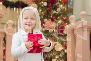Happy Young Girl Holding Gift Box In Front of Decorated Christma
