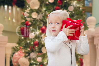 Happy Young Girl Holding Gift Box In Front of Decorated Christma