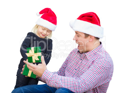 Happy Young Girl and Father Wearing Santa Hats Opening Gift Box