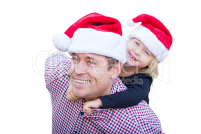 Happy Father and Daughter Wearing Santa Hats Isolated on White B
