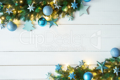 Turquoise Christmas Banner, Frame, Bokeh, Fir Branches, Copy Space