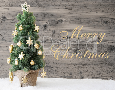 Golden Decorated Christmas Tree, Text Merry Christmas