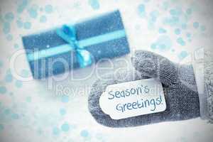 Turquoise Gift, Glove, Text Seasons Greetings, Snowflakes
