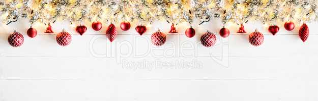 Red Christmas Banner, White Wood, Copy Space, Bokeh