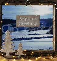 Window, Winter Landscape, Text Seasons Greetings