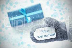 Turquoise Gift, Glove, Frohe Weihnachten Means Merry Christmas, Snowflakes