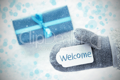 Turquoise Gift, Glove, Text Welcome, Snowflakes