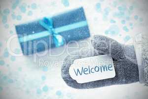 Turquoise Gift, Glove, Text Welcome, Snowflakes