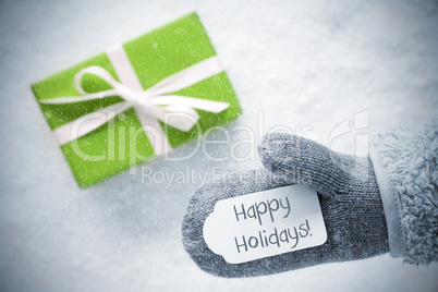 Green Gift, Glove, Text Happy Holidays, Snowflakes