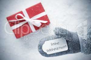 Red Gift, Glove, Frohe Weihnachten Means Merry Christmas, Snowflakes