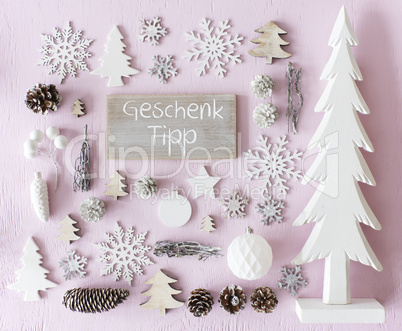Christmas Decoration, Flat Lay, Geschenk Tipp Means Gift Tip
