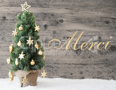 Golden Decorated Christmas Tree, Merci Means Thank You