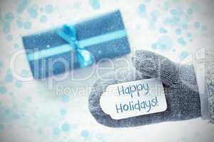 Turquoise Gift, Glove, Text Happy Holidays, Snowflakes