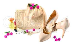 Ladies bag, shoes, jewelry, cosmetics and perfumes isolated on w