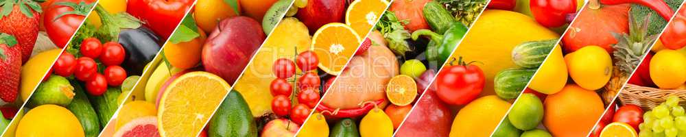 fruits and vegetables background. Collage. Wide photo .