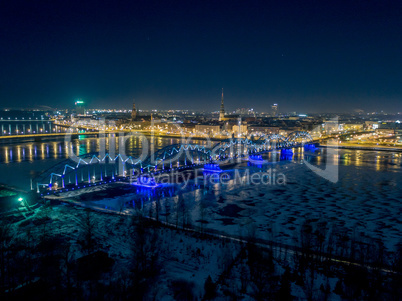 Riga city bridge And Old Town Autumn Drone flight trafics and cars above